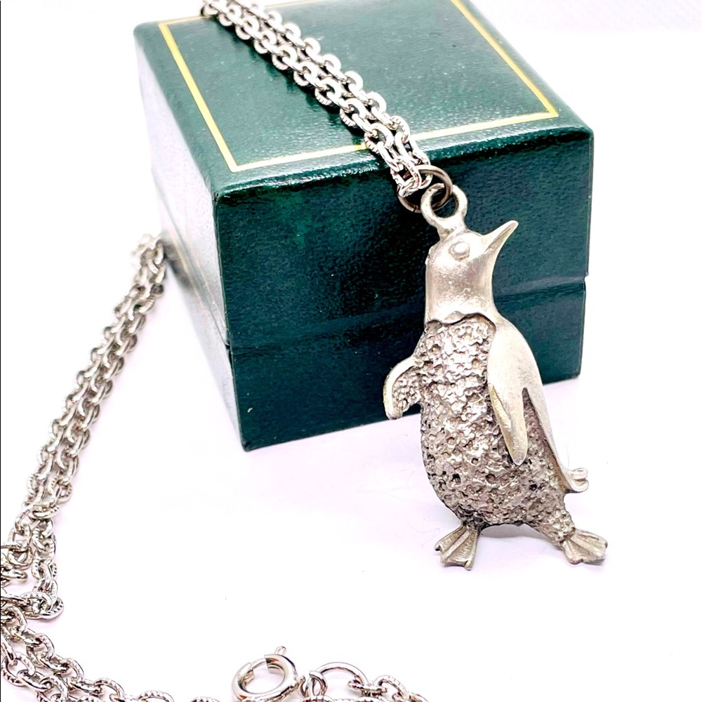 Cute Pewter Penguin 2x1” Charm 25” silver tone necklace